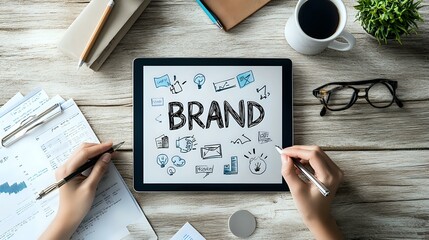 Digital tablet displaying brand strategy sketch with business elements and icons on wooden desk with coffee, glasses, and workspace accessories.