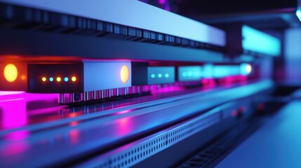 Fototapeta premium Innovative manufacturing machine operating under vibrant led lights, highlighting precision instruments and advanced technology in a modern industrial environment
