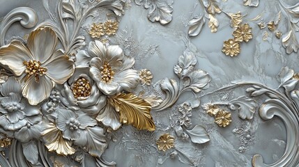 Intricate gray and gold floral relief decoration showcasing artistic craftsmanship in a modern interior setting