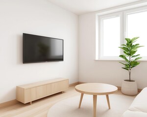 Cozy minimalist living room with spacesaving furniture, neutral tones, and smart storage solutions, modern small apartment interior design