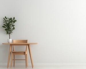Compact dining area with a wallmounted dropleaf table, stackable chairs, and minimalist aesthetic