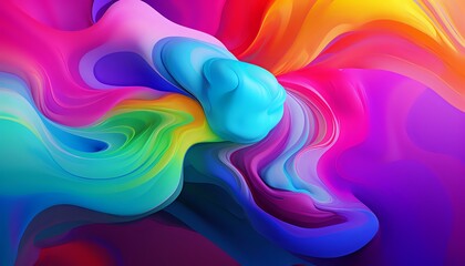 Fototapeta premium Vibrant fluid art with swirling rainbow colors creating dynamic motion effect, featuring bright pink, blue, purple and orange abstract waves in smooth gradient transitions.