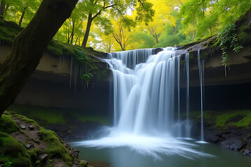 Obraz premium Beautiful waterfall flowing through a lush green forest