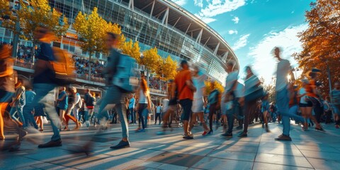 Crowd of people walking outside a stadium in motion blur with the sunset in the background. The long exposure image of visitor walking and visiting at sport arena. Sports and event concept. AIG55.