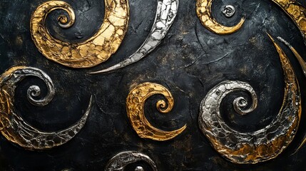 Naklejka premium Artistic metal swirls in gold and silver on a textured black background create a striking visual design in contemporary decor
