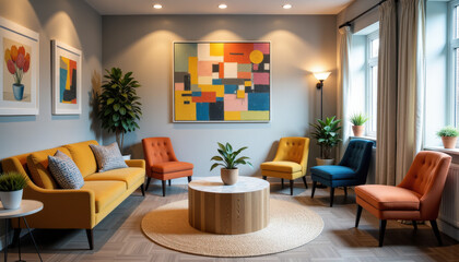 Stylish and comfortable psychologist's office interior for therapy sessions, ideal for mental health clinic websites and interior design inspiration
