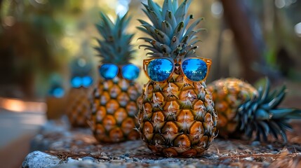 Fresh pineapples wearing blue mirrored sunglasses on rustic wooden surface with bokeh background, creative summer party concept for social media and marketing.