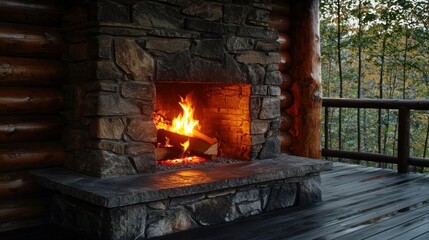 Cozy stone fireplace with crackling fire in a rustic cabin, surrounded by autumn foliage outside