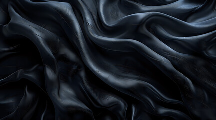 Obraz premium Elegant dark silk fabric with smooth flowing waves and gentle folds creates dramatic shadows and highlights on black textile background for luxury design projects.