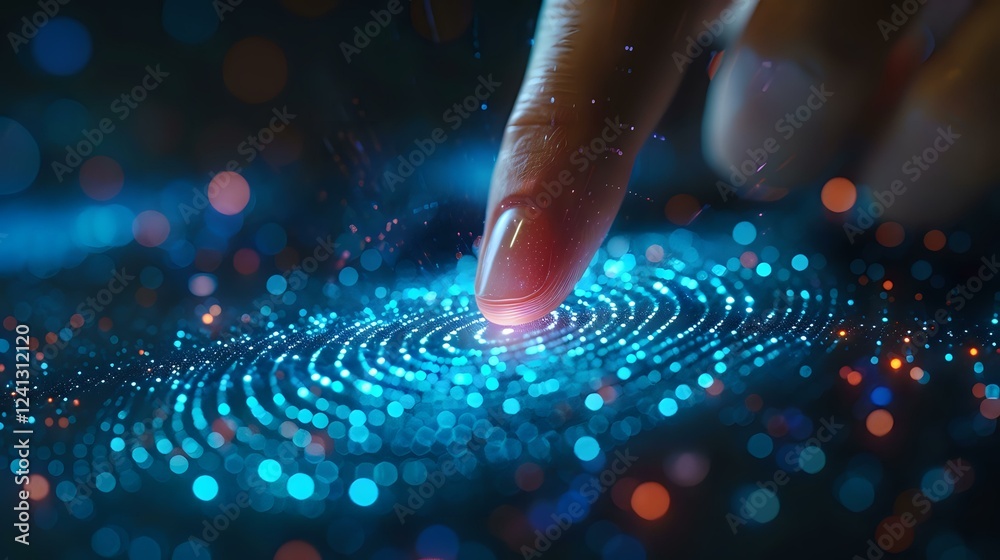 Poster finger touching digital fingerprint scanner with glowing blue light effect and bokeh particles, repr