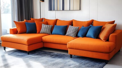 Orange sectional sofa with blue pillows in modern living room.