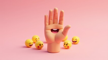 Happy Hand High Five with Smiling Emojis on Pink Background