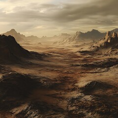 Expansive golden sand dunes with palm trees and scenic mountains under sky