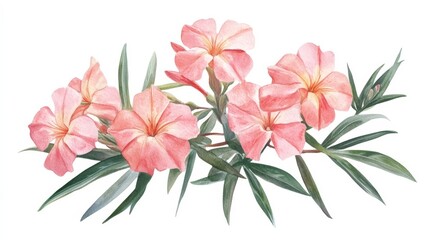 Delicate pink flowers with green leaves arranged beautifully on a white background