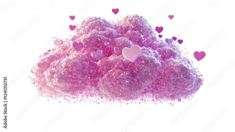 Poster a fluffy pink cloud shaped like a heart with smaller hearts falling around it conveys a romantic and