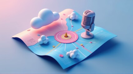 3D Render of Microphone on Pastel Map with Clouds - Podcast, Location, Network Concept