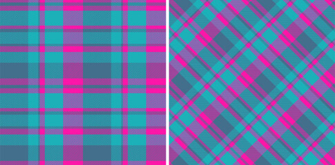 Vibrant teal and pink plaid patterns.  Perfect for textile designs, web backgrounds, or fashion projects.  Two seamless variations offer versatility.