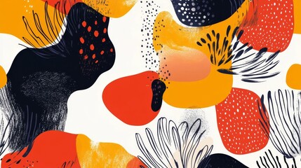 Colorful abstract patterns featuring organic shapes and bold hues in red, orange, black, and yellow tones create a lively backdrop for design