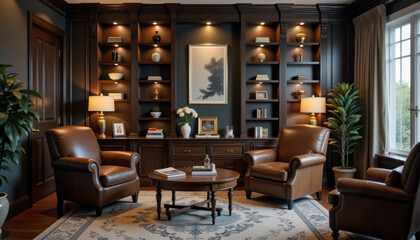 Cozy psychologist office interior with bookshelves for therapy practice websites and mental health blogs