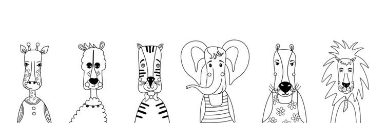 Cute set of animal characters, coloring pages for children. Funny colorless animals, outline kid doodles, anti stress. Doodle style black and white vector illustrations.
