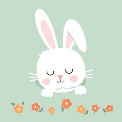 Sleeping rabbit cartoon and cute flower on green background vector.