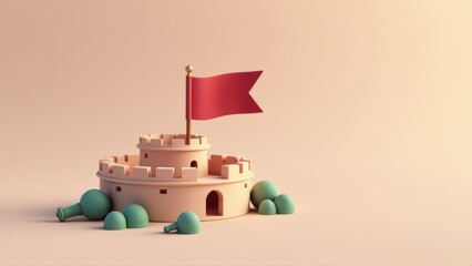 Cute Cartoon Castle with Flag and Trees - Minimalist 3D Render