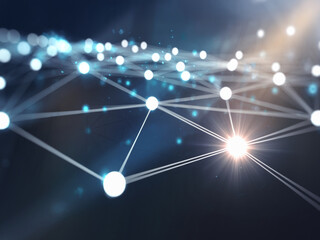 Futuristic network visualization with glowing blue and white nodes connected by luminous lines. Set against a dark navy background, with a radiant light source and intricate web-like high-tech des