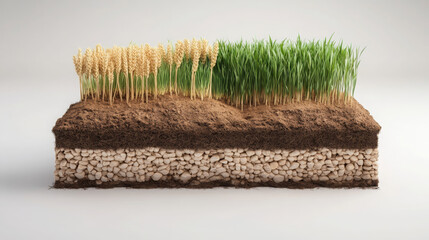 high resolution 3D relief style image showing cross section of soil with wheat and grass growing above. detailed layers highlight earth structure and vegetation