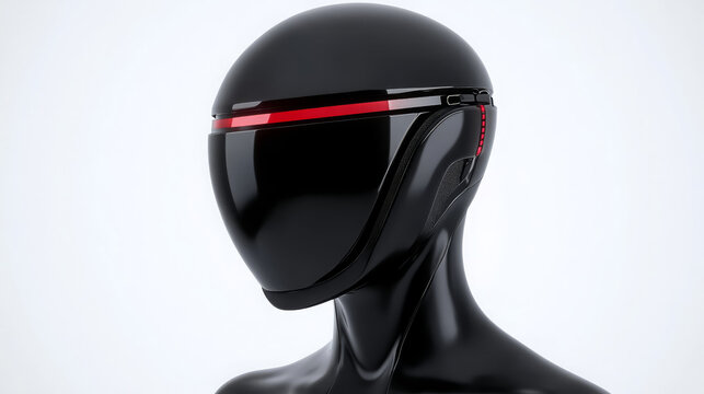 futuristic matte black helmet with red accents on mannequin. sleek design showcases advanced technology and modern aesthetics, perfect for sci fi enthusiasts