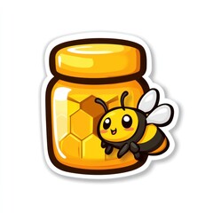 Fototapeta premium Cute bee cartoon near honey jar