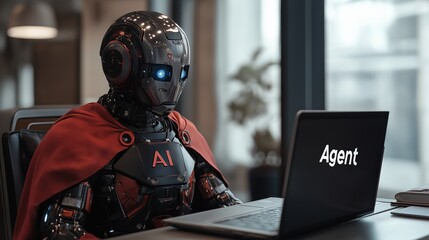 A humanoid AI agent superhero working on a laptop in a professional setting, showcasing autonomy, innovation, and collaboration in automated agentic systems