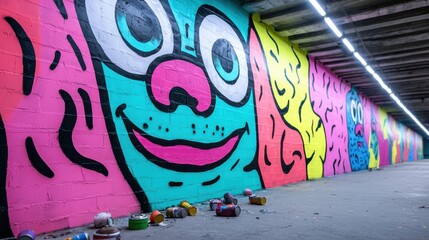 Obraz premium A vibrant mural featuring colorful, cartoonish faces on a wall, enhancing the urban aesthetic of the underground space.