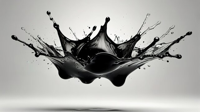 Black liquid splash creating dynamic shapes against a neutral background, suitable for abstract art use