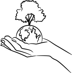 Illustration of a human hand holding a globe with a tree growing to save the planet, world environment day