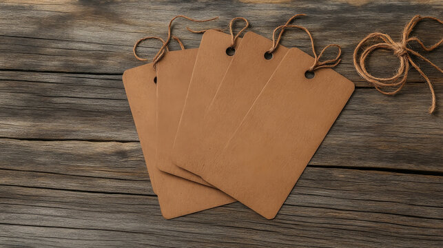 Vintage style gift tags on rustic wooden surface, perfect for personalizing gifts or crafts. Their warm tones and simple design evoke sense of nostalgia and creativity