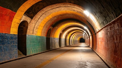 Obraz premium A dimly lit tunnel with colorful, arched walls, featuring vibrant hues and a long, straight pathway leading into darkness.