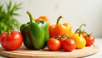 Colorful peppers and tomatoes on wooden board