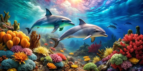 Obraz premium Two Dolphins Swimming Among Vibrant Coral Reef Underwater Scene