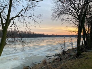 sunset on the river in winter