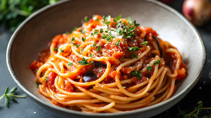 A tomato and eggplant pasta sauce simmering with garlic, onion, and herbs.