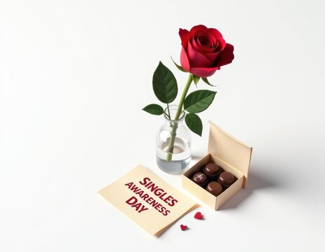 Single Awareness Day Red Rose, Chocolates, and a Note - Powered by Adobe