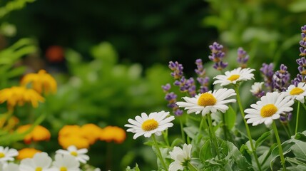Vibrant lavender and daisies in garden nature photography close-up