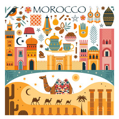 Travel Morocco Poster with Moroccan Symbols