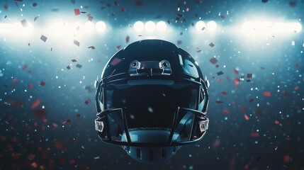Fototapeta premium Futuristic American Football Helmet with Confetti and Spotlight Effects