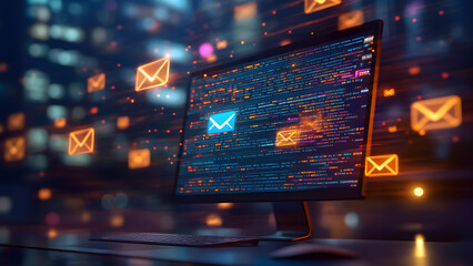 Create an 8k photorealistic image of a modern computer screen displaying a message with vibrant colors and sharp details showcasing technology in a contemporary workspace setting