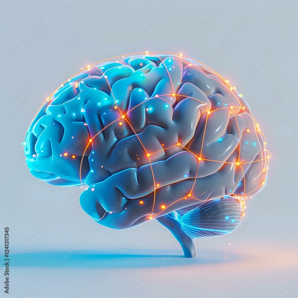 Poster glowing blue human brain with orange neural network connections and synapses on light background, re