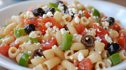A tomato and green pepper pasta with olives, garlic, and feta cheese.