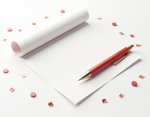 Blank Paper with Red Pen and Confetti - Minimalist Stationery Mockup