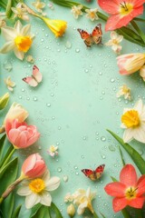 Vibrant Spring Composition with Tulips, Daffodils, Butterflies, and Dew Drops on a Light Green Background with cope space