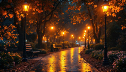 Autumn Evening Walk Illuminated Path Park